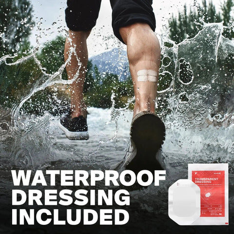 Person running through water with leg wound covered by Zip Stitch Wound Closure Strips; waterproof dressing included package shown