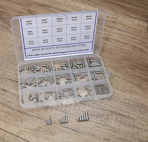 225 Piece Stainless Steel Dowel Pin Assortment Kit M2 M3 M4 304 Steel Parallel Pins 6 to 16mm Shelf Support & Alignment Pins Set