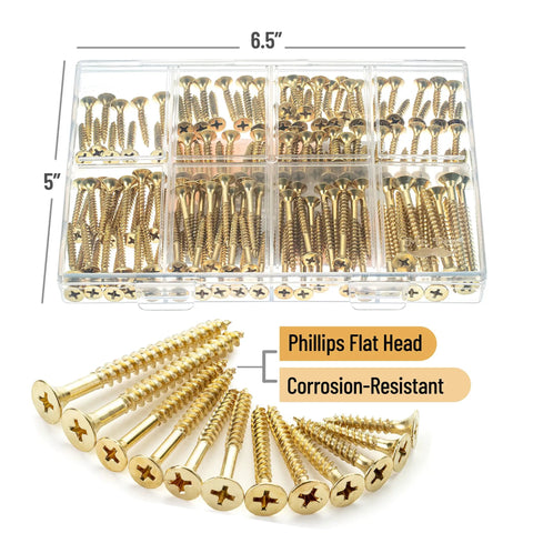 Gold Galvanized Wood Screws Set With Phillips Drive, 152-Piece Assortment For DIY Projects, 6 Lengths From 1/2 Inch To 2 Inches