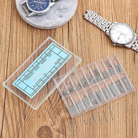 360 Piece Watch Band Pins Kit, Stainless Steel Cotter Pins, Replacement Link Pins For Watch Bands, 18 Sizes, open case on table