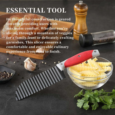 Crinkle Cut Knife For Veggies And Fries With Stainless Steel Wave Blade And Soft Rubber Handle next to crinkle-cut potatoes
