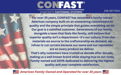 CONFAST company statement reflecting family-owned values and commitment to quality with American flag background.