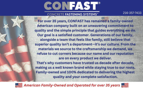 CONFAST family-owned quality assurance statement with American flag background and contact information.