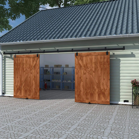 16 Ft Black Box Rail Exterior Barn Door Hardware Track Kit For Two Doors Built Tough with 500 lb weight capacity