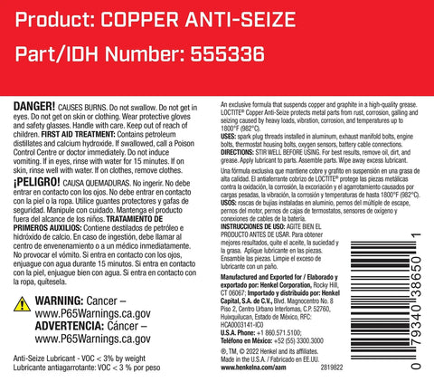 Copper Anti-Seize Lubricant label with product ID 555336, safety warnings, and usage instructions in English and Spanish.