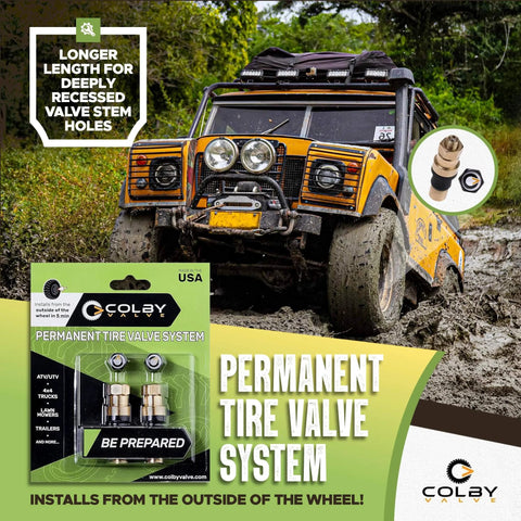 Permanent Valve Stem Replacement Kit For Tubeless Tires packaging next to off-road vehicle in muddy terrain