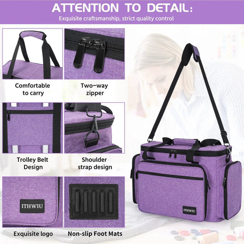 Portable Sewing Machine Case With Wheels And Shoulder Strap, Universal Rolling Trolley Tote With Multiple Storage Pockets, in purple