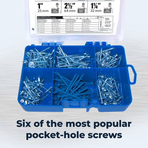 Box of assorted pocket-hole screws, labeled with sizes 1 inch, 1 1/4 inch, 2 1/2 inch, for Pocket Hole Jig 520PRO With Easy Clamping And Adjusting, 360 Degree Rotating Handle, 260 Screws Included, Designed For Wood One Half Inch To One And A Half Inch Thick, Grab And Go Pocket Hole Joinery For Strong Fast Builds.