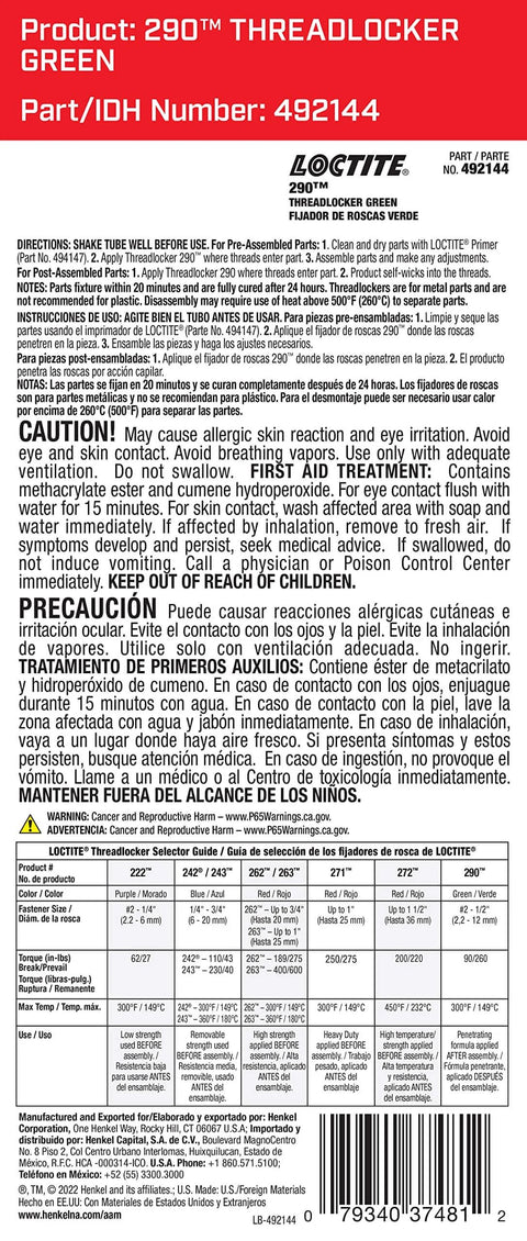 Label of Loctite green penetrating thread locker showing safety information and product details.