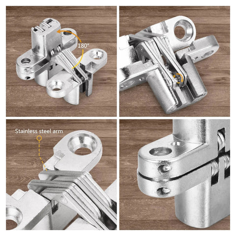 Close-up of Hidden Door Hinge Set Six Pack Cross 180 Degree Concealed Stainless Steel Hinges on wooden surface