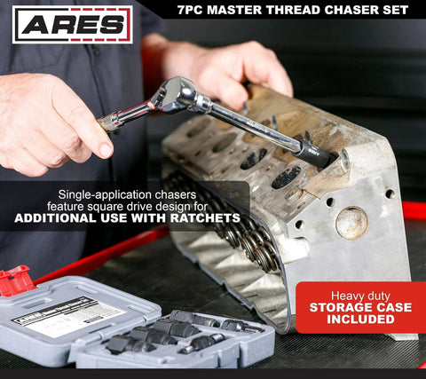 7 Piece Master Thread Chaser Set for Automotive Repairs with Storage Case used on an engine block with ratchet