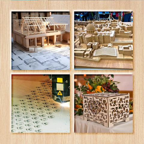 Models and crafts made with 36 Pack Basswood Sheets 3mm Thick Unfinished Wood Boards For Laser Cutting And DIY Crafts 16x16 Inch Plywood Sheets