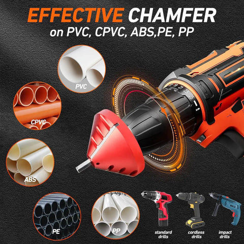 2 In 1 Inner Outer PVC Deburring Tool Chamfer Reamer For Pipe Edges, Pro Grade Plumbing Tool connected to a drill for PVC CPVC ABS PP PE pipes