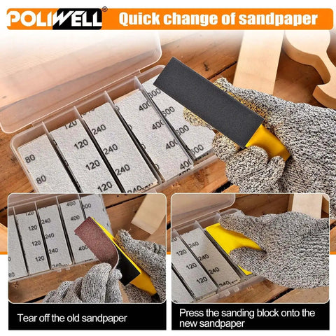 Hands using 120 Pcs Micro Detail Sandpaper Kit with storage box, showing quick sandpaper change with 3.5x1 inch sanding block.