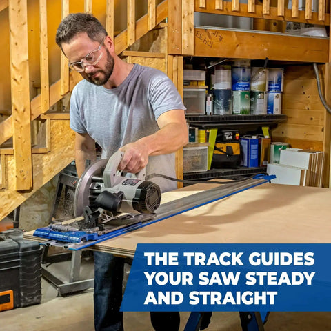 Man using Accu Cut Circular Saw Track System By Kreg Lets You Make Straight, Cross, Rip And Angled Cuts Easily With Edge Guided Precision, Portable Sled, Universal Compatibility For Right Or Left Handed Saws in workshop.