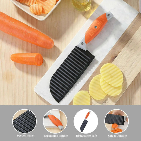 Crinkle Cut Knife For Veggies And Fries With Stainless Steel Wave Blade And Ergonomic Handle VITUER with cut vegetables on board