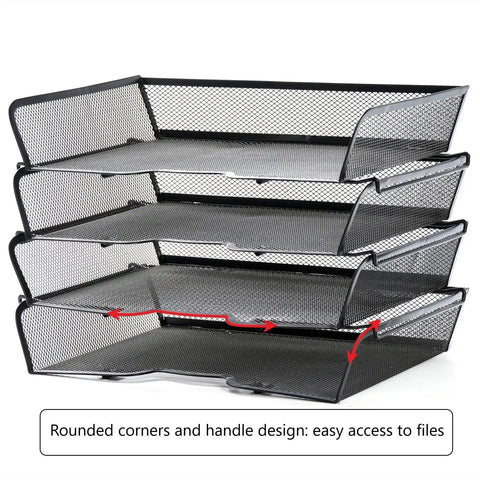 Side view of Four Tier Mesh Stackable File Trays For Desk Organization Letter Size Office Paper Organizer in black metal
