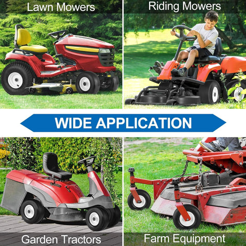 Collage of lawn mowers, riding mowers, garden tractors, and farm equipment with text 'Wide Application' in center.