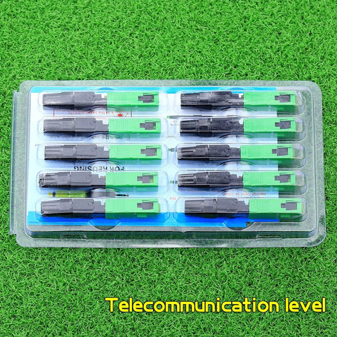 10 pcs SC/APC FTTH fiber optic quick connectors for CATV network, green housing on black bodies in blister pack