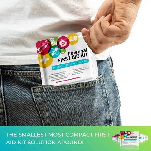 Person placing Mini Travel First Aid Kit Emergency Medical Kit into jean pocket for convenience and portability