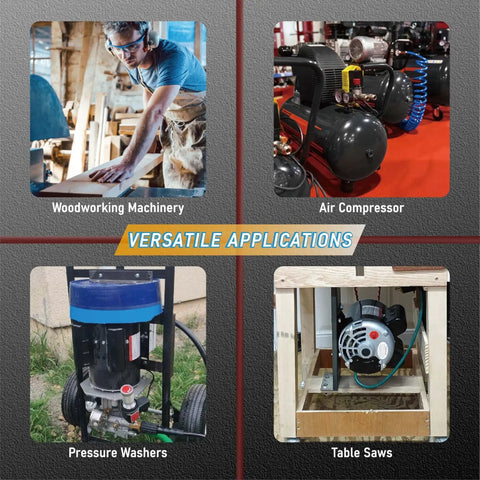 Images showing woodworking machinery, air compressor, pressure washers, and table saws for versatile applications in workshops and garages.