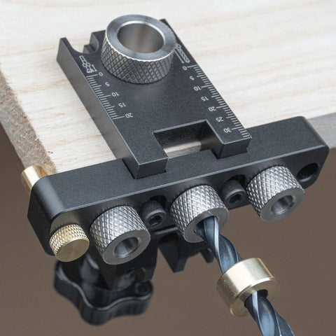 3 In 1 Dowel Jig Kit With Pocket Hole Locator And Adjustable Drill Guide for Quick No Fuss DIY Furniture Assembly on wooden board