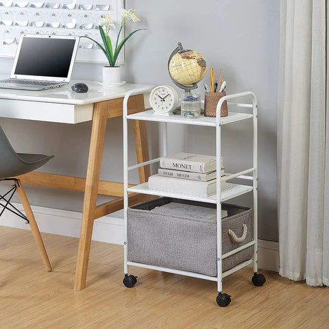 Three Tier Rolling Utility Cart With Metal Shelves On Wheels White Finish For Kitchen Office And Home Organization 12 Inch Depth.