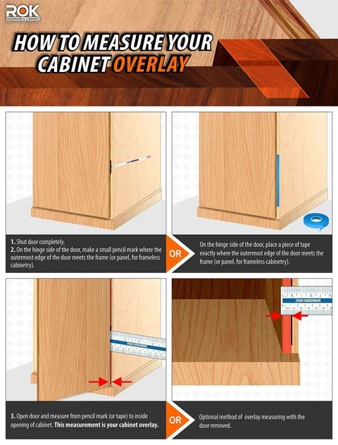 Instructions for measuring cabinet overlay with illustrations showing measurement steps on wooden cabinets.