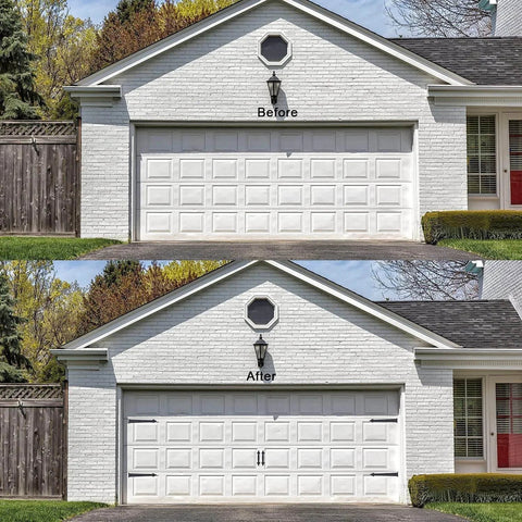 Before and after of a garage with Magnetic Garage Door Decorative Hardware Kit With Faux Hinges And Handles, 6 Piece Set In Black installed