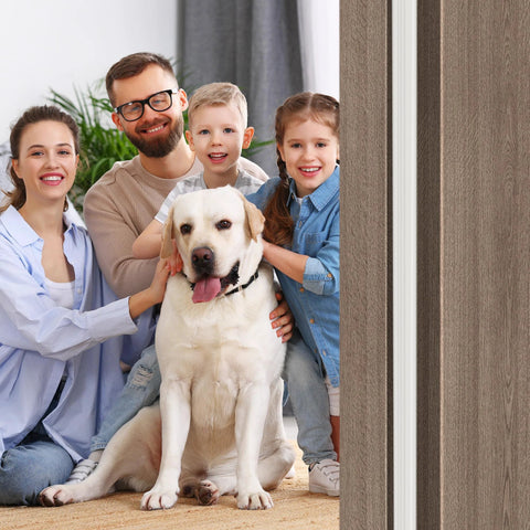 236-inch wedge-shaped foam window seal strip, white door weather stripping on a door frame with a family and dog indoors