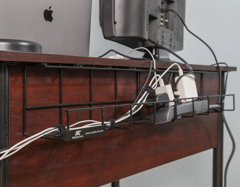 Cord Wire Tray Desk Cable Organizer 32 Inch Open Slot Raceway To Tidy Cables Wires And Cords On Desks Office Cable Management Kit Pack Of 2 Black For Home And Office Use visible under desk organizing cables and power strips
