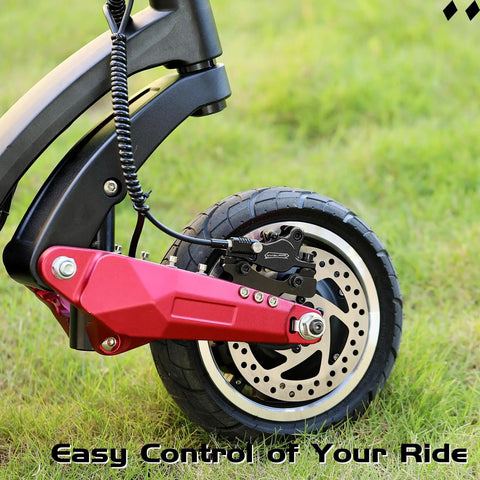 DYISLAND LD-210S hydraulic disc brake kit installed on front electric scooter wheel; black caliper, red arm, drilled rotor
