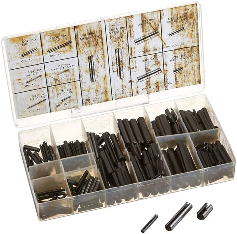 315 Piece Roll Pin Assortment Kit in a rugged plastic case for auto garage and home DIY repairs, showing various sizes of black pins.