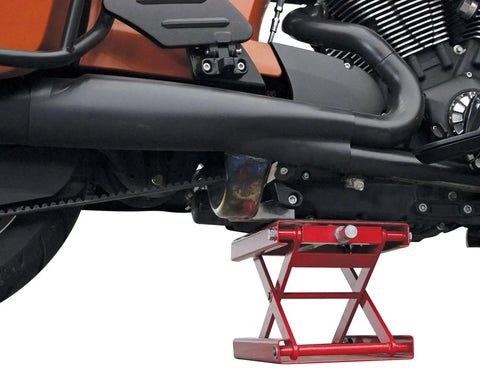 Beefy Wide Motorcycle Scissors Jack With 14 Inch Lift, 1000 Lb Capacity lifting a motorcycle, hand operated, heavy duty steel frame.