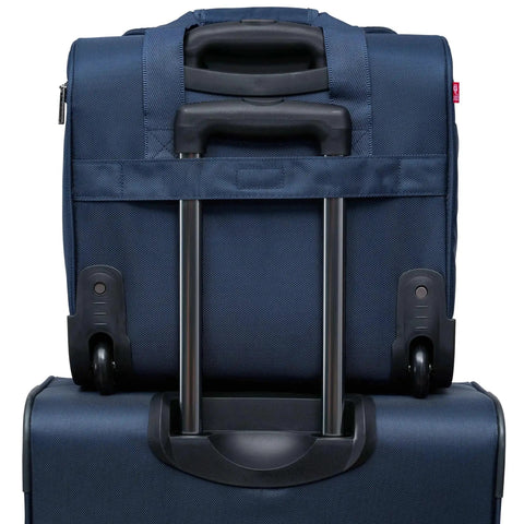 Back view of Smart Underseat Carry-On Luggage with USB Charging Port 15 Inch Navy Blue on larger suitcase handle, wheels visible