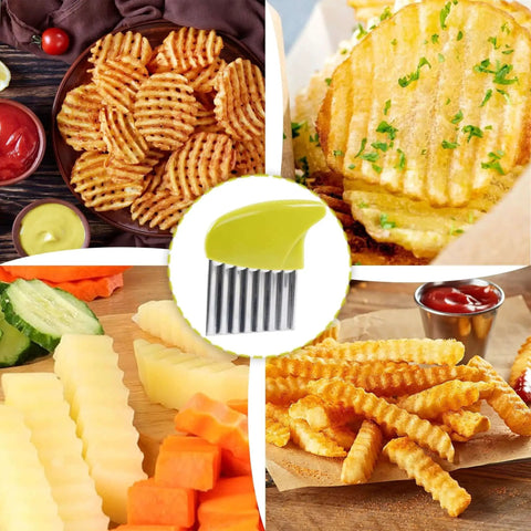 Two Pack Crinkle Cutter Set For Veggies And Chips Stainless Steel Wavy Cutter With Green And Blue Handles In Use With Various Foods