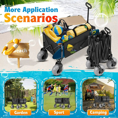 Femotic beach cart with 9-inch inflatable beach wagon tires and camping gear on sand, showcasing versatility for garden, sport, camping.