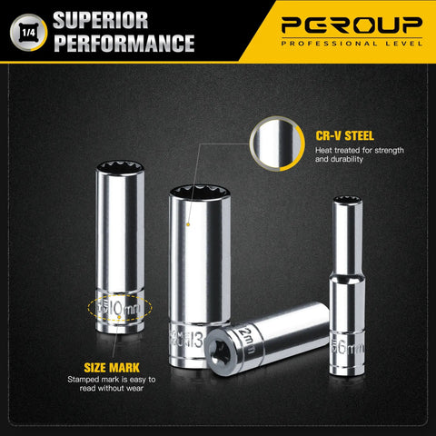 1/4 Inch Drive Deep Socket Set, 8 Piece Metric 12 Point From 6mm To 13mm, Chrome Vanadium Steel With Sturdy Holder, high torque grip shown
