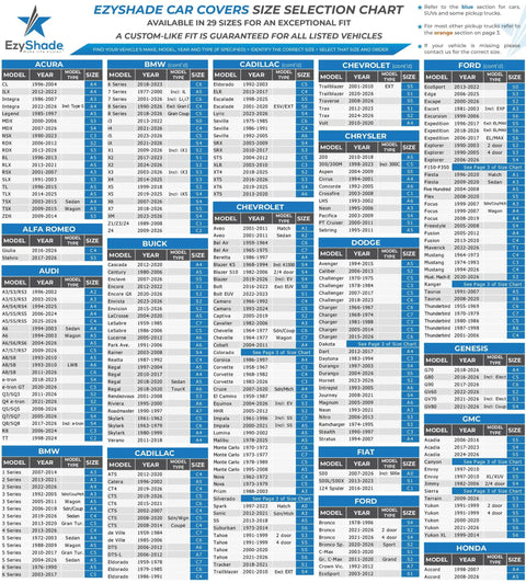 EzyShade car cover size selection chart listing sizes for various makes and models, ensuring custom-fit for All Weather 10 Layer Waterproof Car Cover For SUVs And Sedans With Size Chart Fit Guaranteed See Vehicle Size A4 Full Exterior Coverage For Winter Rain Sun And Snow EzyShade.