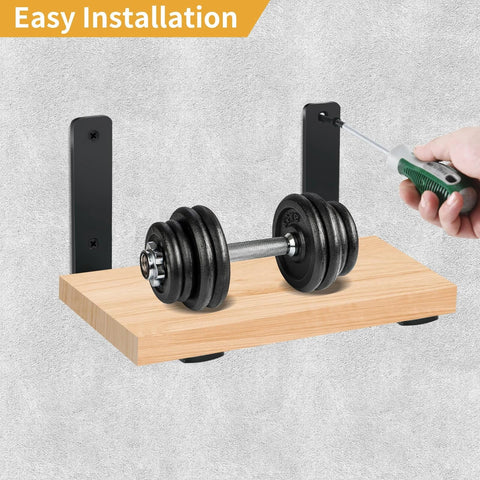 Four Pack L Shaped Shelf Brackets 6 Inch Long by 4 Inch High by 1.5 Inch Wide 5mm Thick Matte Black Iron Supports installed on wall