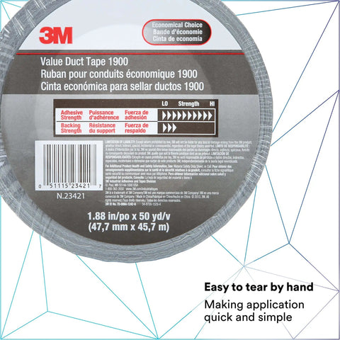 Value Duct Tape 1900 packaging label showing specifications and branding details, 1.88 in x 50 yd, 5.8 mil.