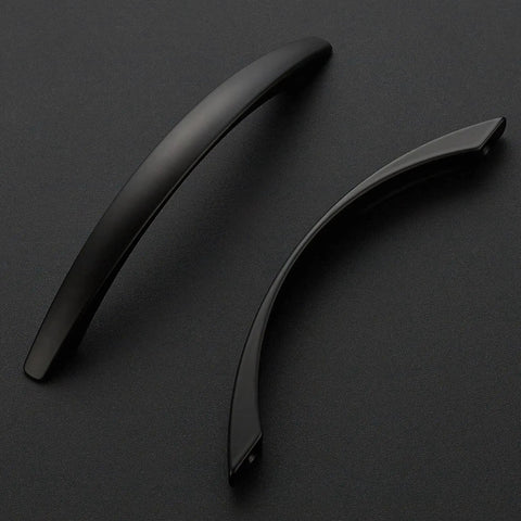 10 Pack 5 Inch Matte Black Curved Cabinet Pulls For Kitchen Cupboards And Dresser Drawers With Arch Style Hardware Zinc Alloy Construction Rust Resistant Includes Screwdriver For Easy Installation close-up view of two pulls