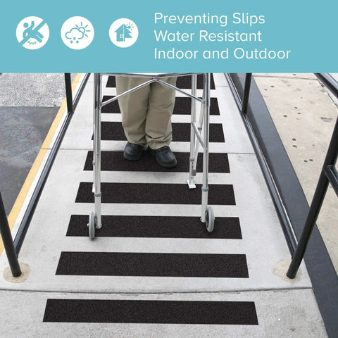 Person walking on ramp with Anti Slip Traction Tape 4 Inch By 38 Foot For Indoor Outdoor Stairs Grip installed, preventing slips.