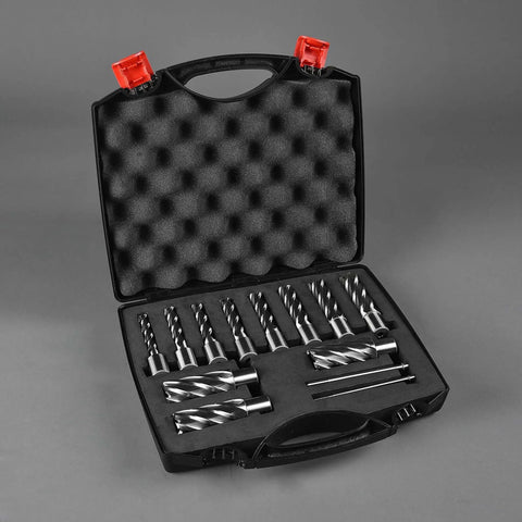 Heavy Duty 13 Piece Annular Cutter Set for Drill Press With Weldon Shank 3/4 Inch, Cutting Diameters From 7/16 to 1-1/16, Two Flats