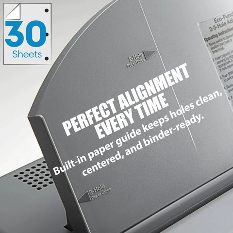 Close-up of Electric Desktop 2 To 3 Hole Punch With 30 Sheet Capacity, showing adjustable paper guide and gray finish.