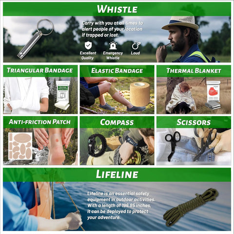Trail Ready Outdoor Trauma First Aid Kit image showing whistle, triangular bandage, elastic bandage, thermal blanket, patches, compass, scissors, and lifeline.