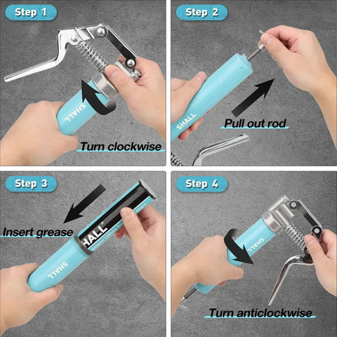 Step-by-step instructions for using Mini Grease Gun Kit 3.52 Oz Capacity 3000 Psi With Long And Short Extension Pipes.