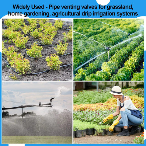 Threlaco 2-pack air release valve for 3/4 inch irrigation systems; collage shows drip lines, sprinklers, and a gardener in a garden.