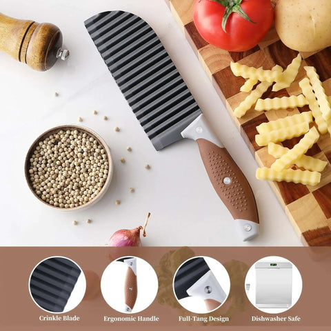 Crinkle Cutter Wave For Veggies And Fries With Stainless Steel Blade And Rubber Handle Dishwasher Safe Brown Perfect For French Fries Cucumbers Carrots Potatoes And More OLULU displayed on kitchen countertop with crinkled potatoes nearby.