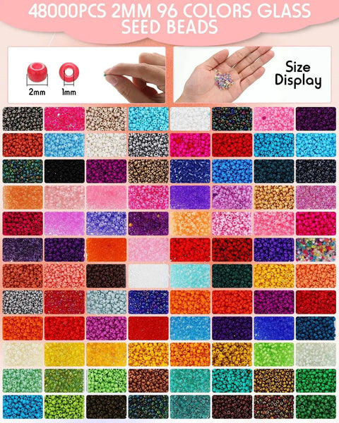 Bead Loom Kit For Adults With 48000 Glass Seed Beads In 96 Colors 2 Mm, various bead colors displayed with size comparison